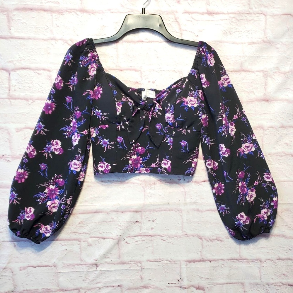 Love & Piece Black Floral Crop Milkmaid Top Smocked Puff Sleeve Indie Y2K Small‎